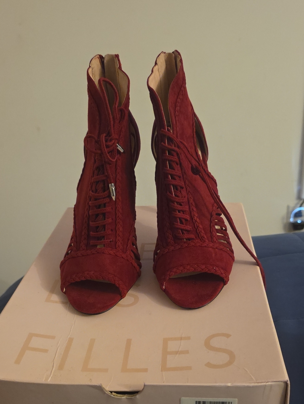 Avec Les Filles Red Suede Lace-Up Peep Toe Heels